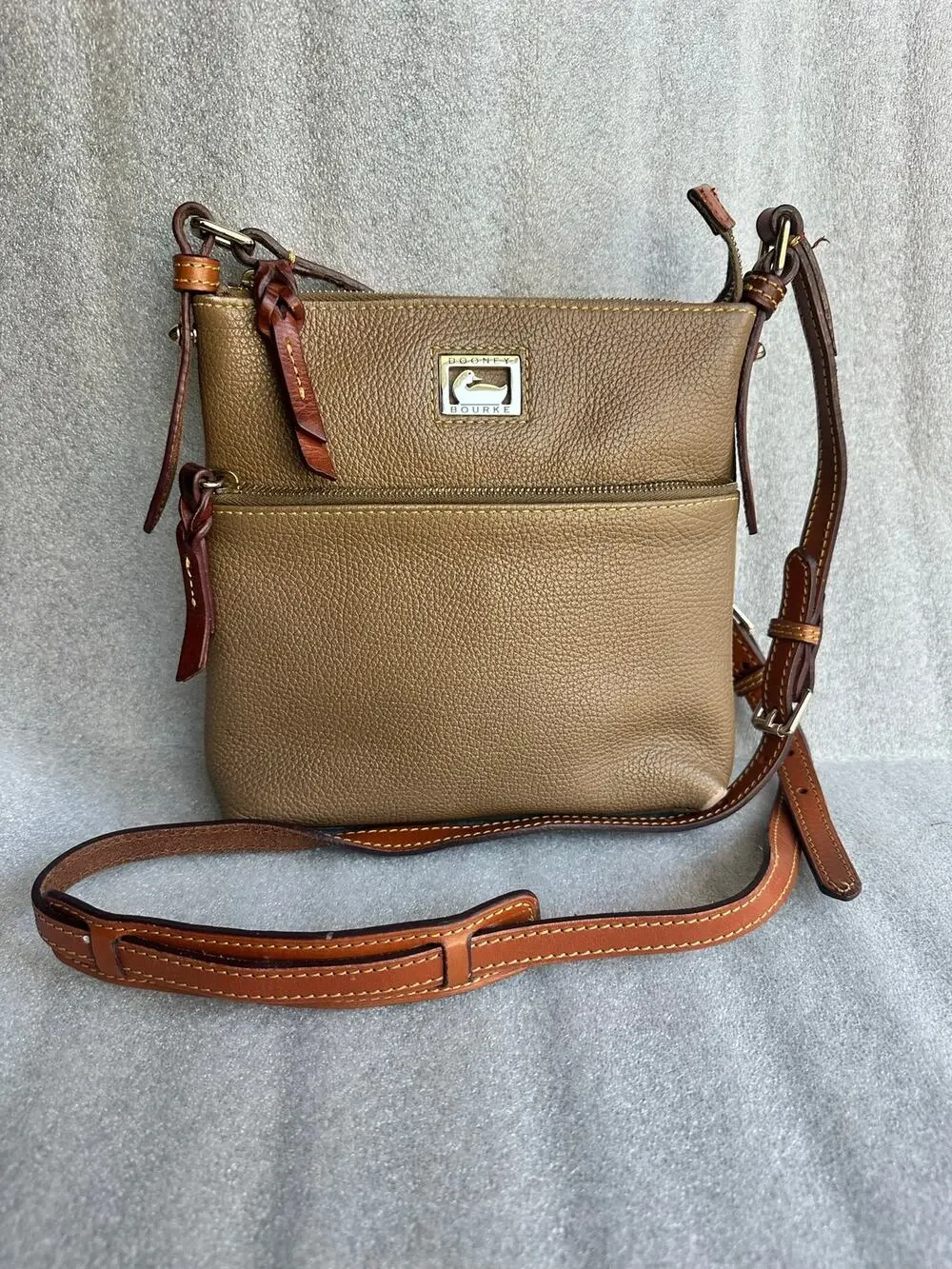 Dooney & Bourke Pebble Leather Crossbody Bag Taupe Brown Front Zip Pocket